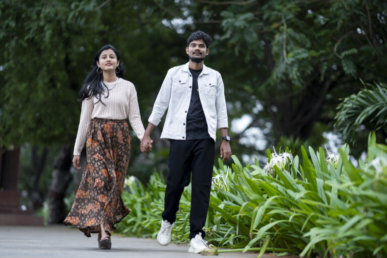 Beautiful natural pre-wedding candid photography of couple walking